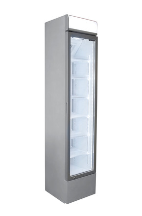 Schmaler Glastürkühlschrank in silber